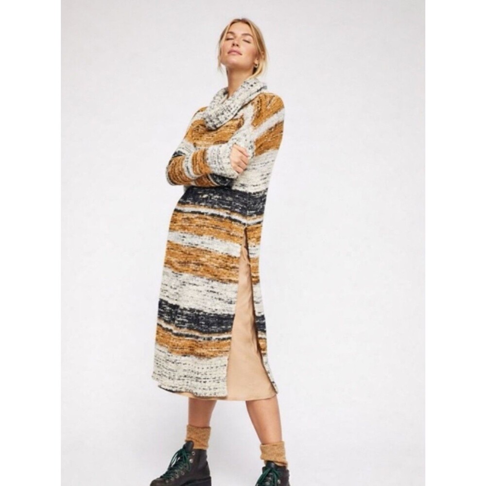 Free People FP Beach Chunky Knit Sweater Longline Large Dress Brown Striped